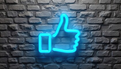 Bright blue neon thumb up sign glows on a textured brick wall background at night. Modern symbol for approval social media liking and positive feedback online.