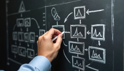 Hand draws flowchart on chalkboard with diagrams. Business strategy, planning, process mapping visually represented. Includes steps, decisions, workflow elements for project management, analysis.