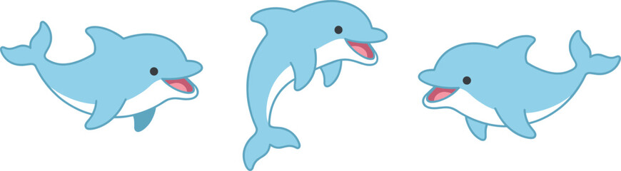 Cute cartoon dolphin illustration, playful marine animal character set, blue smiling dolphins, kids design, ocean wildlife art, aquatic mascot, vector style graphic © Arifa