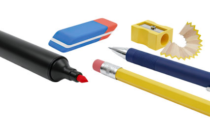Stationery items: marker, pencil, eraser, pen, and sharpener