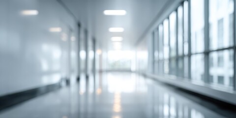 Vibrant photo of Blurred modern office or hospital corridor background with bright light and reflective floor