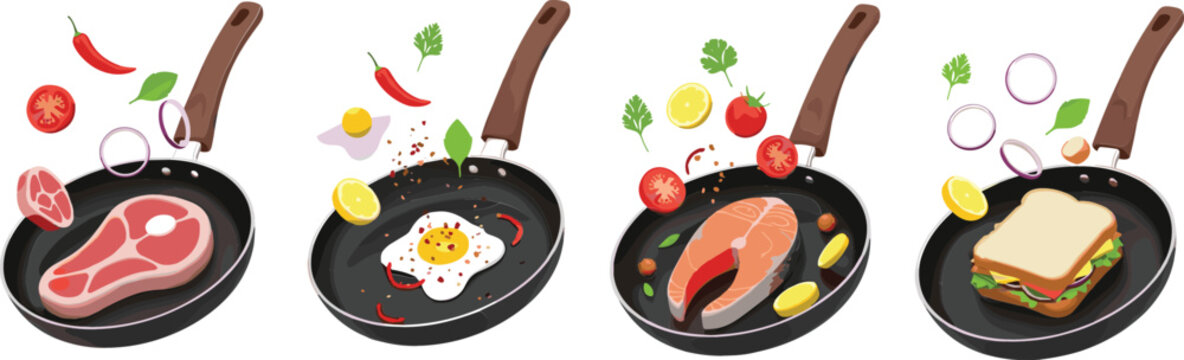 Set of frying pans with flying ingredients including steak fried egg salmon fillet and sandwich for culinary cooking design