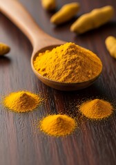Ground golden spice fills a wooden spoon resting on a dark, rich wooden surface with scattered roots.