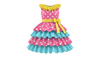 Pink and Blue Polka Dot Ruffled Dress with Yellow Bow