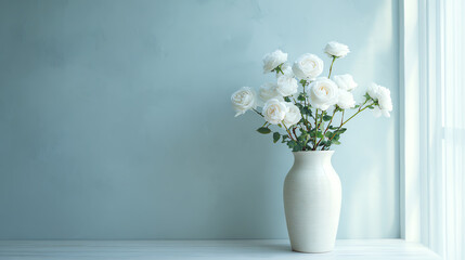 A serene arrangement of white roses in a vase against a soft blue wall, perfect for adding elegance to any space.
