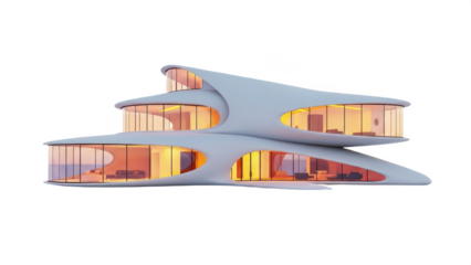 Large white house with a lot of windows and a curved roof. isolated illustration on transparent background