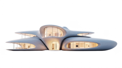 Large, modern house with many windows and a unique, curved design. isolated illustration on transparent background