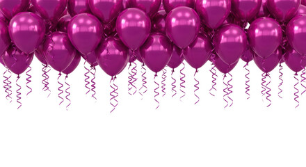 ultra-detailed cgi render of dense, highly-reflective magenta latex helium balloons and cascading metallic ribbons across the top border, on a brilliant white background. concept for luxury