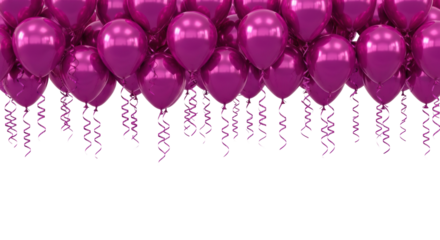 ultra-detailed cgi render of dense, highly-reflective magenta latex helium balloons and cascading metallic ribbons across the top border, on a brilliant white background. concept for luxury