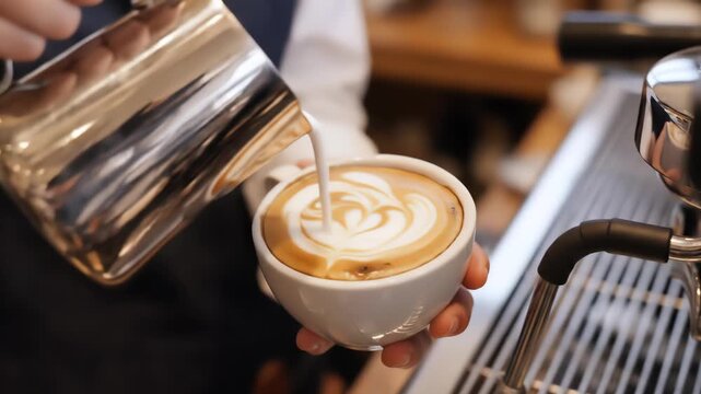 Close-up view of a barista pouring steamed milk from a pitcher into a white cup, forming intricate latte art patterns on the surface of fresh coffee.