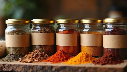Glass jars with golden lids hold various spices on wooden board. Ground spices in red, yellow, and brown piles sit before containers. Natural light illuminates kitchen pantry ingredients for cooking.