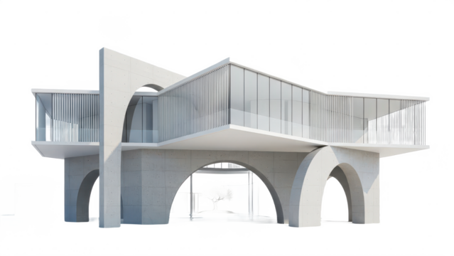 Large white building with a curved roof and a large archway. isolated illustration on transparent background - Powered by Adobe