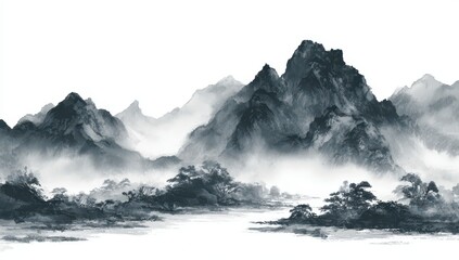 Vibrant photo of Traditional Chinese ink wash painting of misty mountains and forests, isolated on white background.