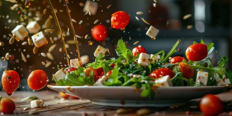 Levitation Salad Arugula Cherry Tomatoes Feta Cheese Flying Food Photo