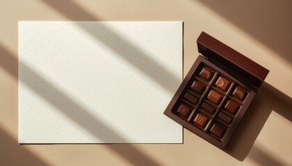 Chocolate Box with Presentation Box: An exquisite array of handcrafted chocolates elegantly arranged inside a dark wooden presentation box sits beside a blank canvas.
