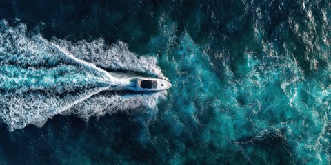 Vibrant photo of Aerial top view of a motorboat cruising in deep blue ocean water with white wake.