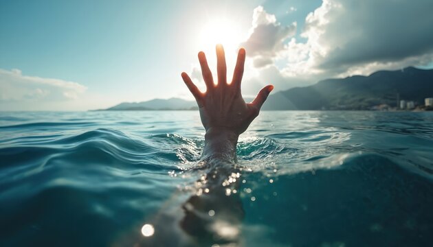 Person struggles in ocean water reaching up for help. Sun shines brightly behind a person hand above the sea surface. Hope for survival in deep blue water.