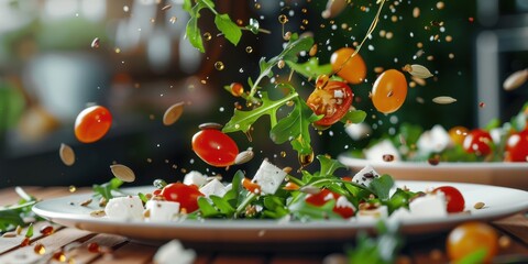 Levitation Salad Arugula Cherry Tomatoes Feta Cheese Flying Food Photo