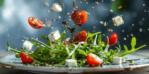 Levitation Salad Arugula Cherry Tomatoes Feta Cheese Flying Food Photo