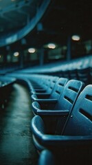 Vibrant photo of Empty blue plastic seats in a stadium or auditorium with shallow depth of field.