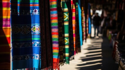 Patterned textiles hanging in a market creating stripes of shadow and color depth of field blur.