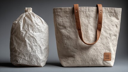 Natural canvas tote with leather straps stands next to a textured paper-like sack on a neutral studio backdrop, ideal for eco branding, packaging concepts, and sustainable fashion.