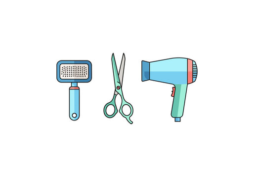 Vector Icon Concept Grooming tools - brush, scissors, and hair dryer for pet care.