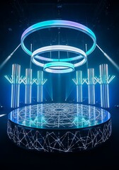 Illuminated circular performance stage features suspended geometric lighting fixtures in a dark  setting