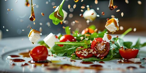 Levitation Salad Arugula Cherry Tomatoes Feta Cheese Flying Food Photo