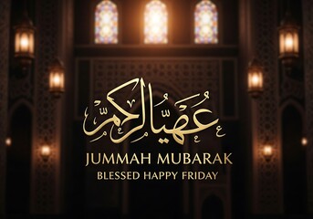 Golden Arabic calligraphy wishing blessings for the holy day of Friday is displayed against a dimly lit, ornate interior background.