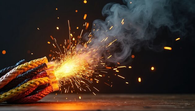 Severed electrical wires spark, burn with intense light. Smoke billows from exposed conductors. Chaotic energy arc flashes, crackles, indicating system failure overload. Danger lurks in faulty