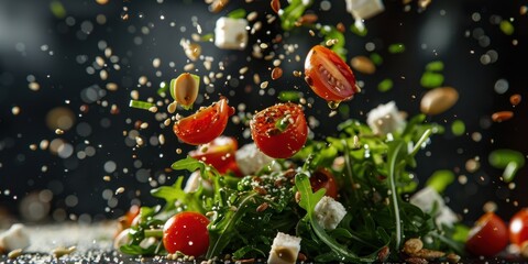 Levitation Salad Arugula Cherry Tomatoes Feta Cheese Flying Food Photo