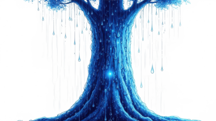 Tree with blue leaves and droplets of water hanging from it. isolated illustration on transparent background