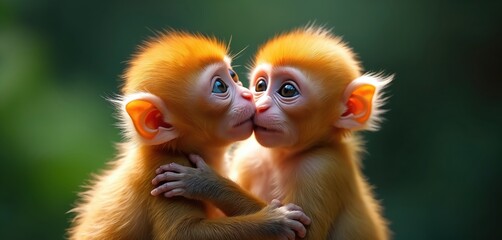 Obraz premium Two baby monkeys embrace each other tenderly. Small primates share loving moment with soft fur and big eyes. Adorable infant animals cuddle in natural green habitat, showing affection and bond.