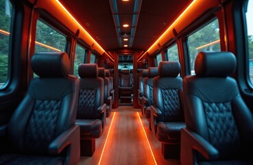 Fototapeta premium Luxury minibus interior with black leather seats and ambient orange lighting. Comfortable seating arrangement for passengers traveling on a journey. Modern van cabin.