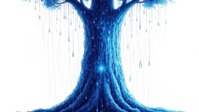 Tree with blue leaves and droplets of water hanging from it. isolated illustration on transparent background - Powered by Adobe