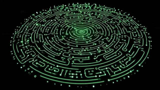 Circular Green Circuit Board Labyrinth Data Flow Background