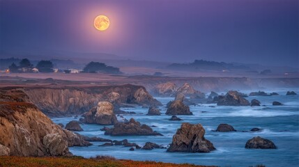 Majestic Moonlit Rocky Coastline at Dusk with Illuminating Waves