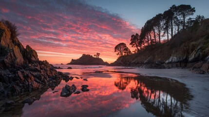 Vibrant sunset over a rocky ocean coastline with reflections on tranquil water and silhouetted trees