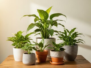Obraz premium A group of potted plants on a wooden table in a room with white walls and natural light