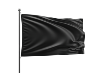 Photorealistic blank matte black nylon flag subtly fluttering on a vertical silver pole, isolated high-key on a transparent background. Conceptual branding mock-up template
