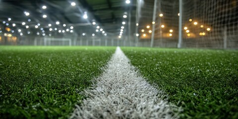 Vibrant photo of Low angle perspective of an indoor artificial turf football field with stadium lighting