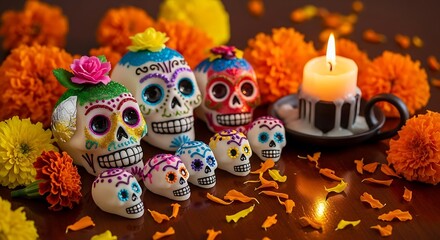 Colorful decorative sugar skulls and bright marigold flowers surround a lit candle on a dark surface.