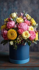 Vibrant photo of Elegant flower bouquet of pink and yellow roses in a dark blue hat box on a rustic wooden surface