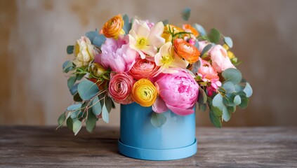 Vibrant photo of Beautiful floral arrangement with pink peonies and yellow ranunculus in a blue box on a wooden table