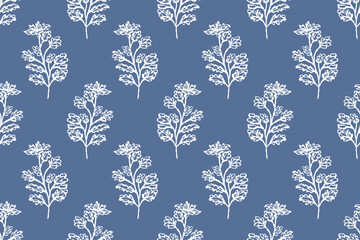 Seamless floral patterns in a botanical style, hand-painted using the Ikat technique, suitable for all types of textiles.	