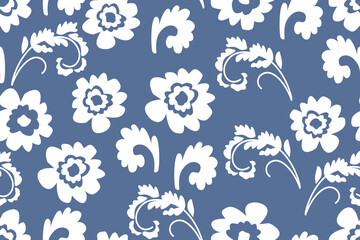 Seamless floral patterns in a botanical style, hand-painted using the Ikat technique, suitable for all types of textiles.	