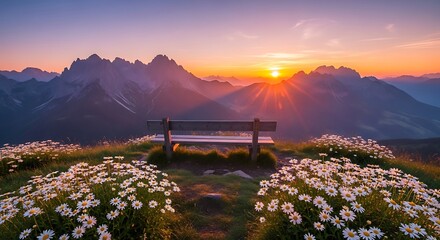Empty wooden bench overlooks majestic mountain range during vibrant golden hour sunrise