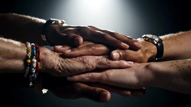 Diverse hands stacked together in unity under dramatic lighting