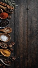 Vibrant photo of Assorted Aromatic Spices and Herbs in Wooden Spoons on Dark Rustic Wooden Background